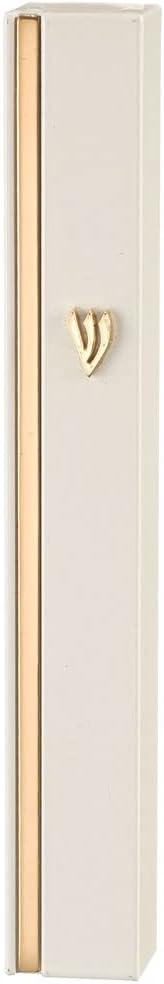 Modern White Aluminum Mezuzah Case with Gold Plated Stripe