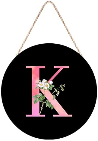 White Flower Pink Letter K Wood Door Hanger Personalized Monogram Round Wreath