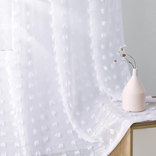 Guken Sheer Curtains with Pom Poms 96 Inch Length 2 Panels