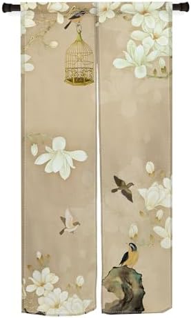Japanese Noren Door Curtain with White Flowers and Birdcage Design