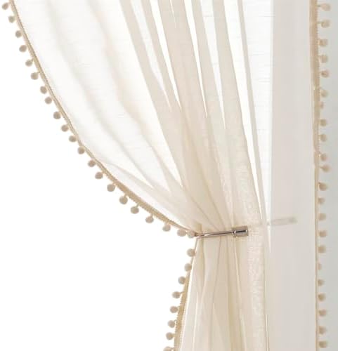 Treatmentex Sheer Linen-Look Curtains with Pom Pom Trim 2pcs