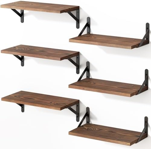 YGEOMER 165 Inch Floating Shelves Set of 6 Dark Carbonized Pine
