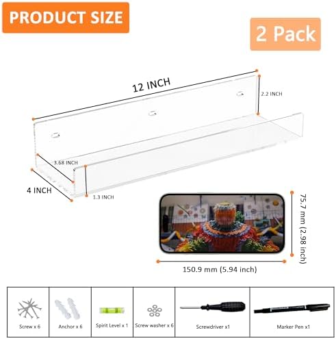 12 Inch Clear Acrylic Wall Shelf 2 Pack Floating Shelves