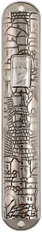 Metal Large Mezuzah Case Featuring Jerusalem Old City Landscape