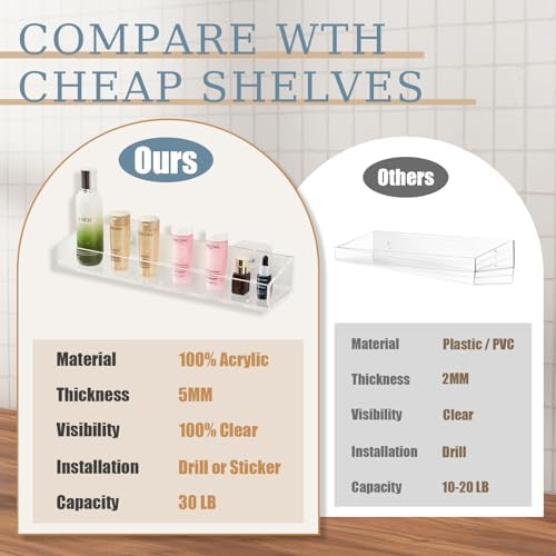 2 Pack Clear Acrylic Floating Shelves for Bathroom and Kitchen