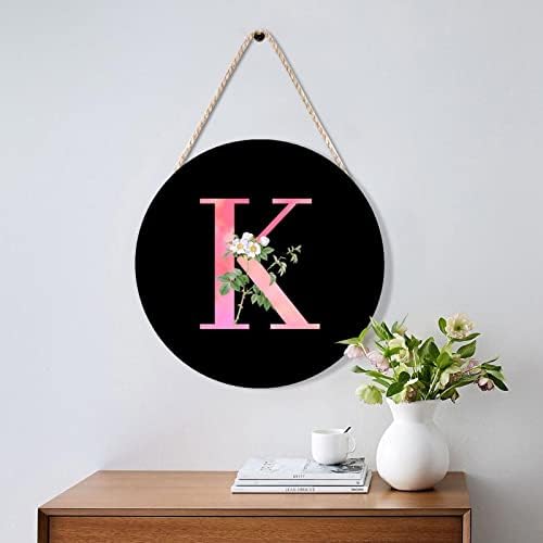White Flower Pink Letter K Wood Door Hanger Personalized Monogram Round Wreath