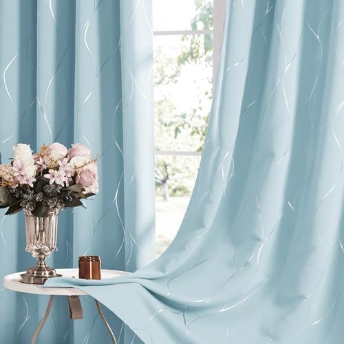 Deconovo Blackout Curtains with Silver Wave Design