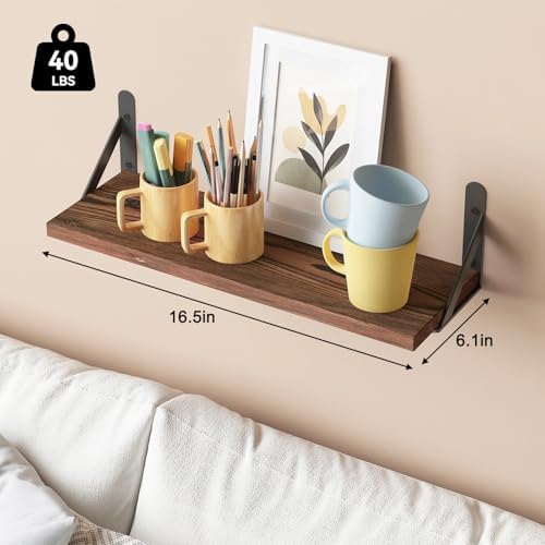 YGEOMER 165 Inch Floating Shelves Set of 6 Dark Carbonized Pine