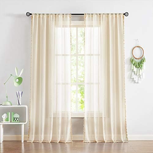 Treatmentex Sheer Linen-Look Curtains with Pom Pom Trim 2pcs