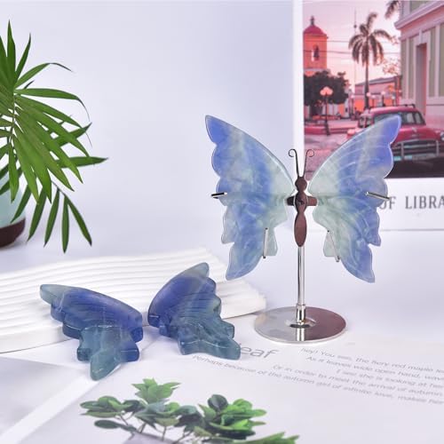 JIC Gem Blue Fluorite Crystal Butterfly Sculpture with Stand