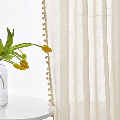 Treatmentex Sheer Linen-Look Curtains with Pom Pom Trim 2pcs