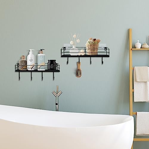 Lyeasw Black Floating Shelves Wall Mounted with 8 Hanging Hooks 2-Pack
