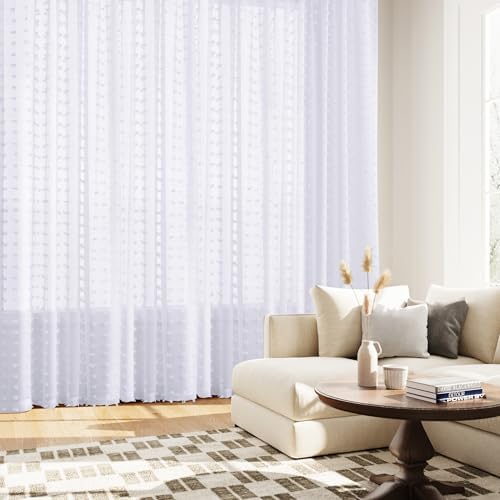Guken Sheer Curtains with Pom Poms 96 Inch Length 2 Panels