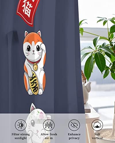 Japanese Noren Sheer Curtains 2 Panels Set with Lucky-Cats Print