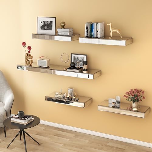SHYFOY Mirrored Floating Shelves Set of 3 Silver