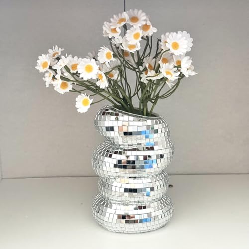 Disco Ball Spiral Vase with Silver Mirror Tiles