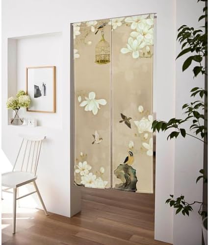 Japanese Noren Door Curtain with White Flowers and Birdcage Design