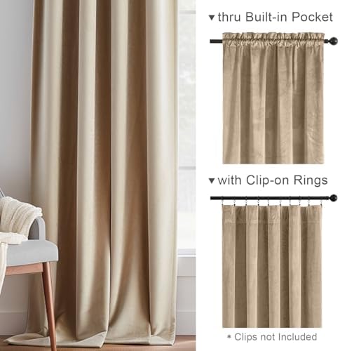 Lazzzy Velvet Curtain Beige Thermal Insulated Drapes 96 Inch Set of 2