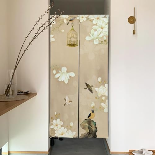 Japanese Noren Door Curtain with White Flowers and Birdcage Design