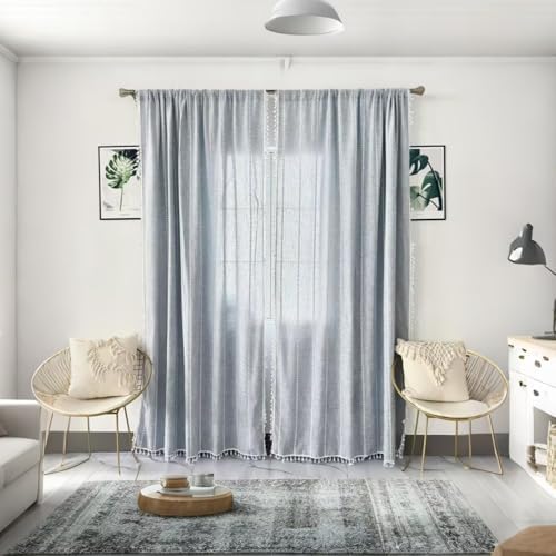 Amidoudou Striped Boho Curtain Pair Grayish Blue 54x96 Inch