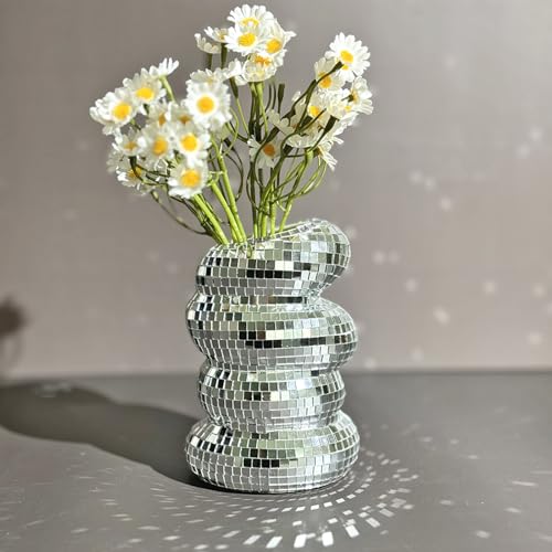 Disco Ball Spiral Vase with Silver Mirror Tiles
