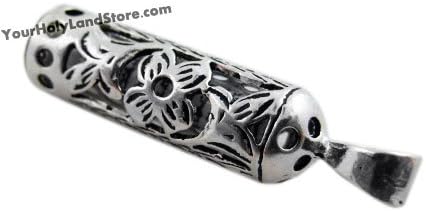 925 Sterling Silver Mezuzah Pendant with Scroll and Flowers