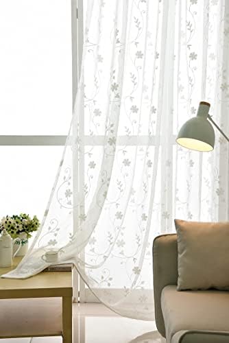 Iuokuby Semi Sheer Curtains with White Flowers 2 Panels