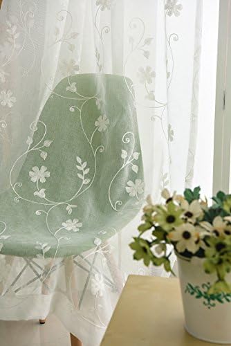Iuokuby Semi Sheer Curtains with White Flowers 2 Panels