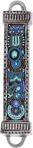 YourHolyLandStore Jewish Mezuzah Case - Embroidered Turquoise Brown Beads - Handmade Judaica Art