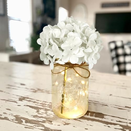 Set of 3 Mason Jars with Lights and White Hydrangeas