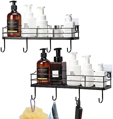 Lyeasw Black Floating Shelves Wall Mounted with 8 Hanging Hooks 2-Pack