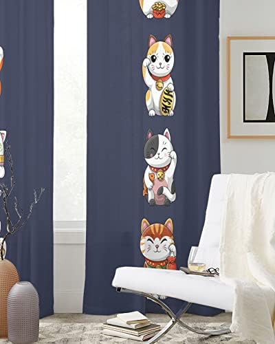 Japanese Noren Sheer Curtains 2 Panels Set with Lucky-Cats Print