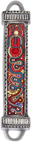 YourHolyLandStore Jewish Mezuzah Case - Embroidered Red Beads - Handmade Judaica Art