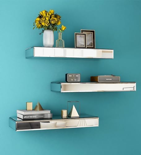 SHYFOY Mirrored Floating Shelves Set of 3 Silver