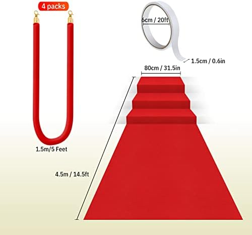 Red Carpet Runner 26x15ft with 4pcs Red Velvet Stanchion Ropes