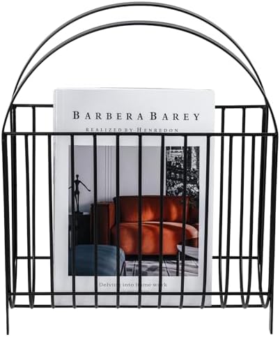 MyGift Deluxe Mid Century Metal Wire Magazine Rack in Matte Black Finish