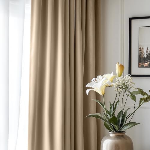 Lazzzy Velvet Curtain Beige Thermal Insulated Drapes 96 Inch Set of 2