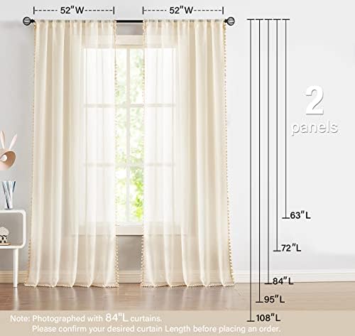 Treatmentex Sheer Linen-Look Curtains with Pom Pom Trim 2pcs