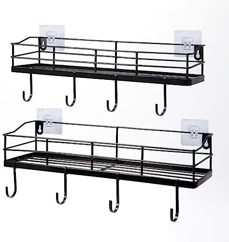 Lyeasw Black Floating Shelves Wall Mounted with 8 Hanging Hooks 2-Pack