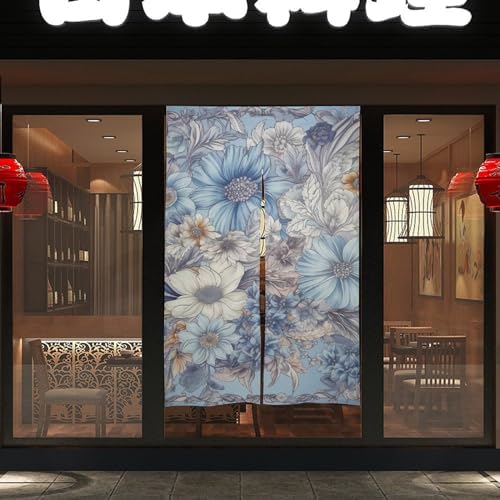Japanese Noren Door Curtain with Hand Painted Flowers Design