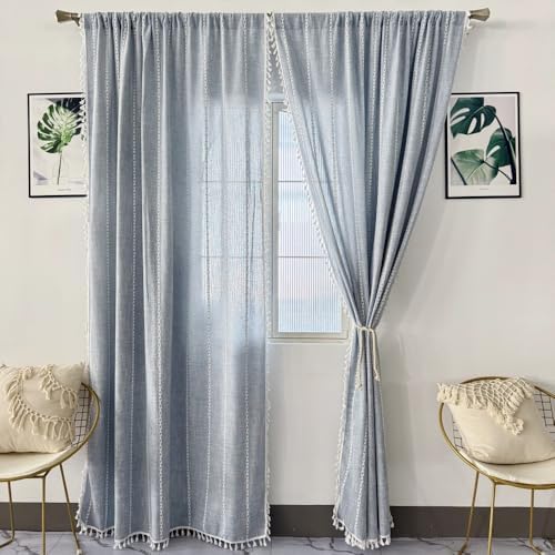 Amidoudou Striped Boho Curtain Pair Grayish Blue 54x96 Inch