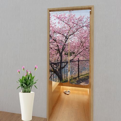 Leowefowa Japanese Noren Door Curtain Spring Pink Cherry Blossom Panel