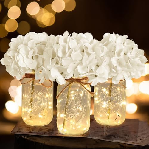 Set of 3 Mason Jars with Lights and White Hydrangeas