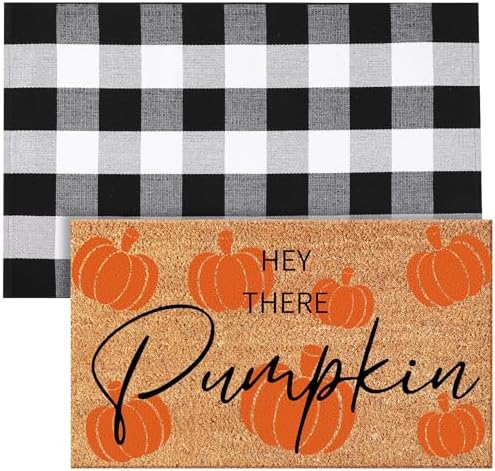 Duraaamo Fall Coir Doormat and Plaid Rug Set