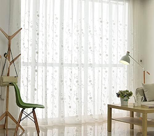 Iuokuby Semi Sheer Curtains with White Flowers 2 Panels