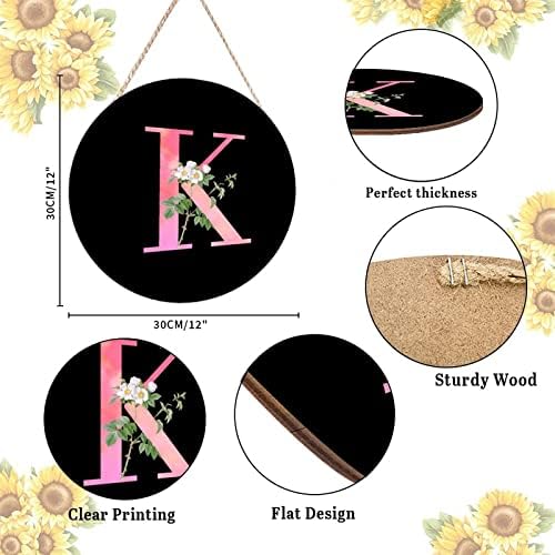 White Flower Pink Letter K Wood Door Hanger Personalized Monogram Round Wreath