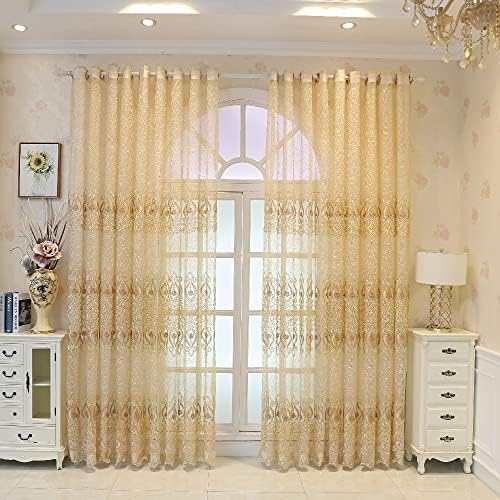 Amidoudou 1 Pair Gold Jacquard Sheer Curtains 51x90 Inch