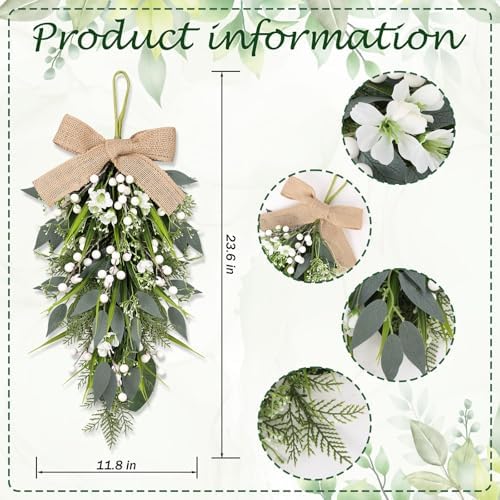 2 Pcs 24 Inch Artificial White Flower Teardrop Wreaths