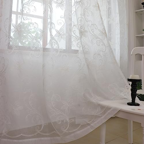 Slow Soul Set of 2 White Lotus Floral Sheer Curtains