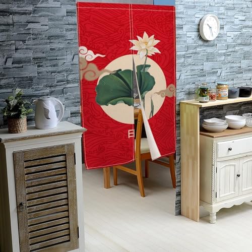 Japanese Style Lotus Flower Printed Noren Curtain 34x60 Red